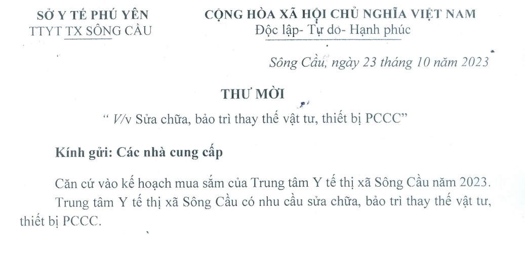 Yêu cầu báo giá Sửa chữa, bảo trì thay thế vật tư, thiết bị PCCC